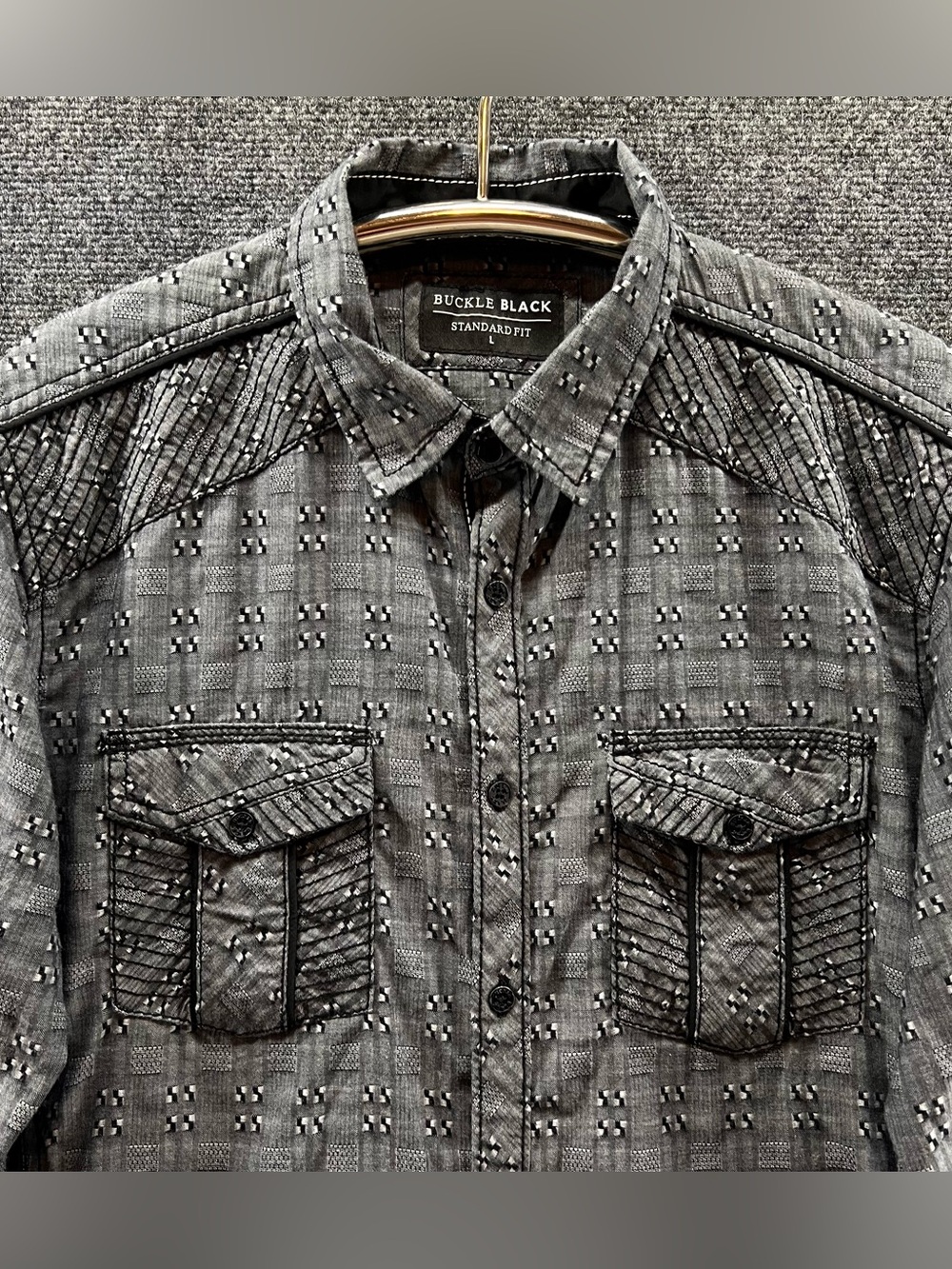 Buckle BKE Black Men's Gray/Black Stitch Standard Fit Long‎ Sleeve Shirt Large